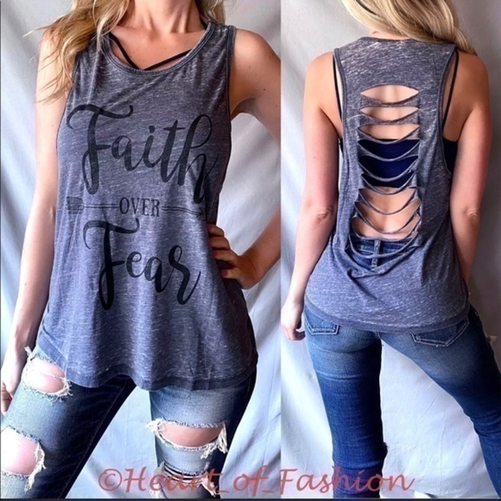 "Faith Over Fear" Graphic Distressed Ripped Laser Cut Relaxed Muscle Tank Top